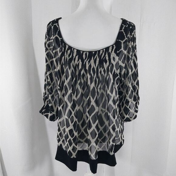 ICE! FLUTTERY, FLOWY BLACK & TAN RUCHED FRONT, SHEER CHIFFON TOP, BLOUSE! SZ L - Picture 5 of 8